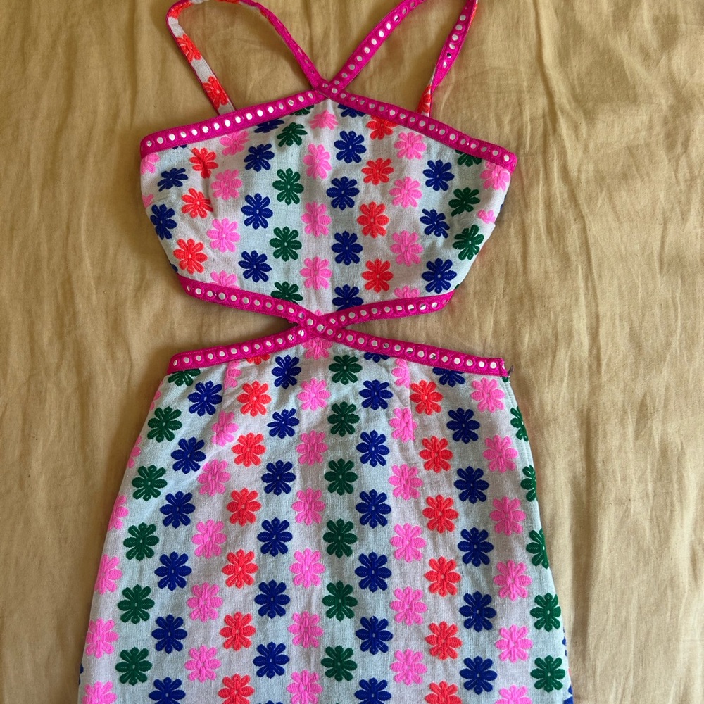 SAYLOR White Floral Cutout Mini Dress with Pink Trim